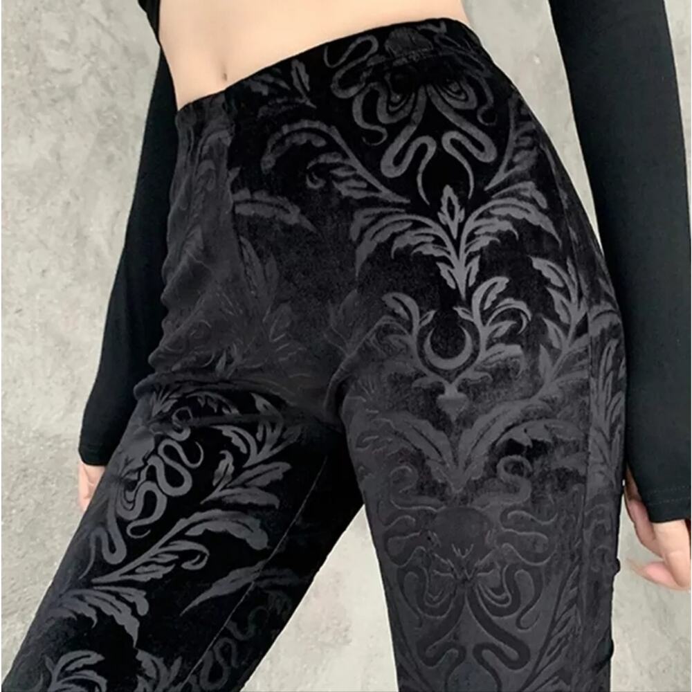 NWT Large Black Velour Damask Brocade Goth Cthulhu Flares - Picture 11 of 12